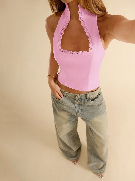 Tops - Baby Pink Casual Women's Sleeveless Square Neck Lace Trim Fitted Top